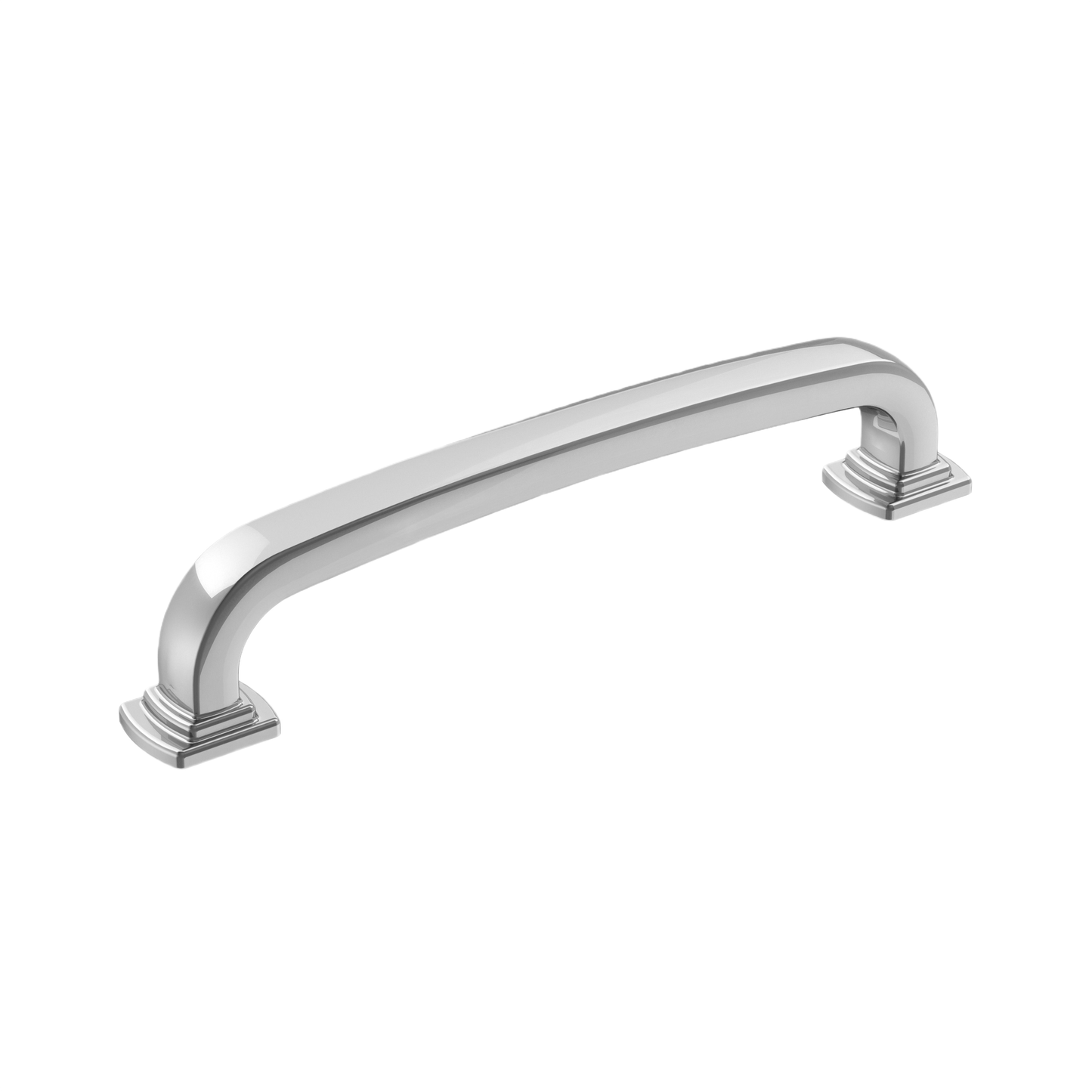 Polished chrome cabinet pull with curved body and square pedestal feet for hardware and furniture accessories collections