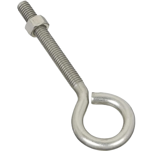 Stainless steel eye bolt with threaded shaft and hex nut, ideal for hardware, fasteners, and home improvement tasks under $50