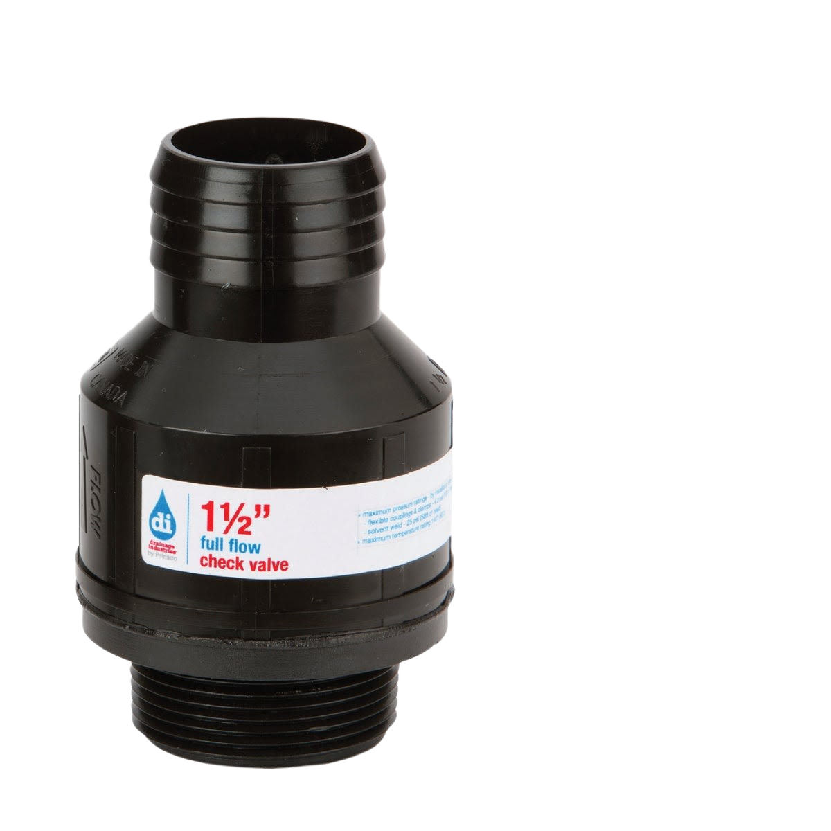 Black plastic check valve with threaded ends and labeled with 1½ inch full flow for home improvement use