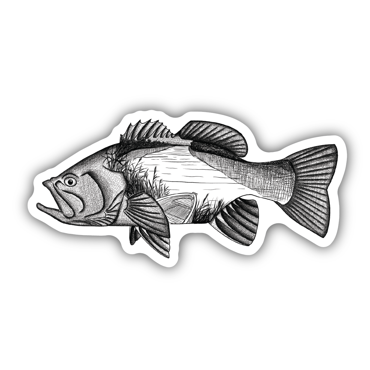 Black and white fish illustration sticker with detailed scales and fins on a white-bordered black background