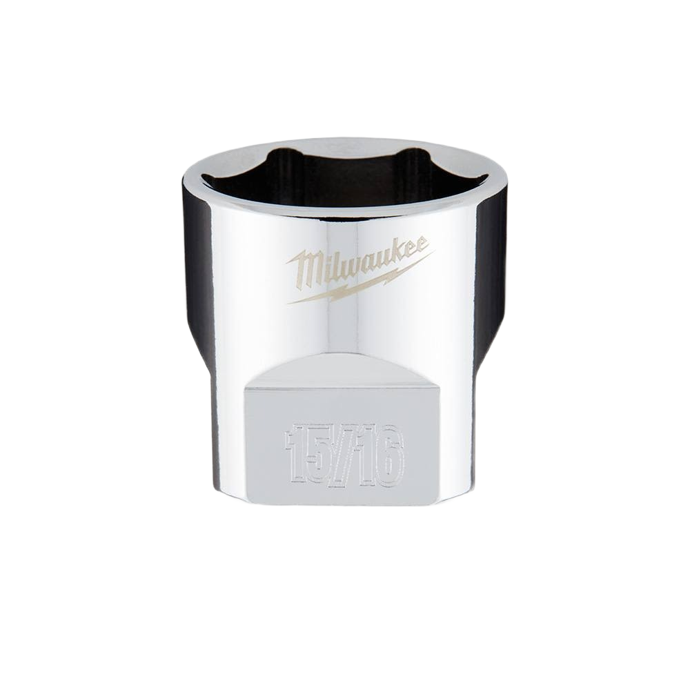 Chrome finished 15/16 inch standard socket with FOUR FLAT™ sides for anti-roll and wrench compatibility from Milwaukee collections