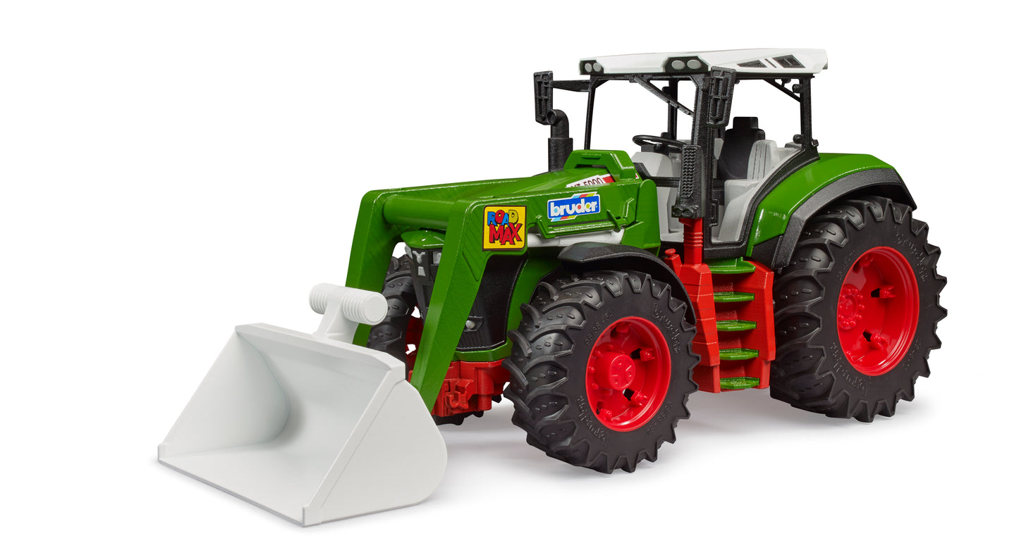 Green and red Bruder ROADMAX tractor with large white frontloader bucket and realistic detailed tires for imaginative play