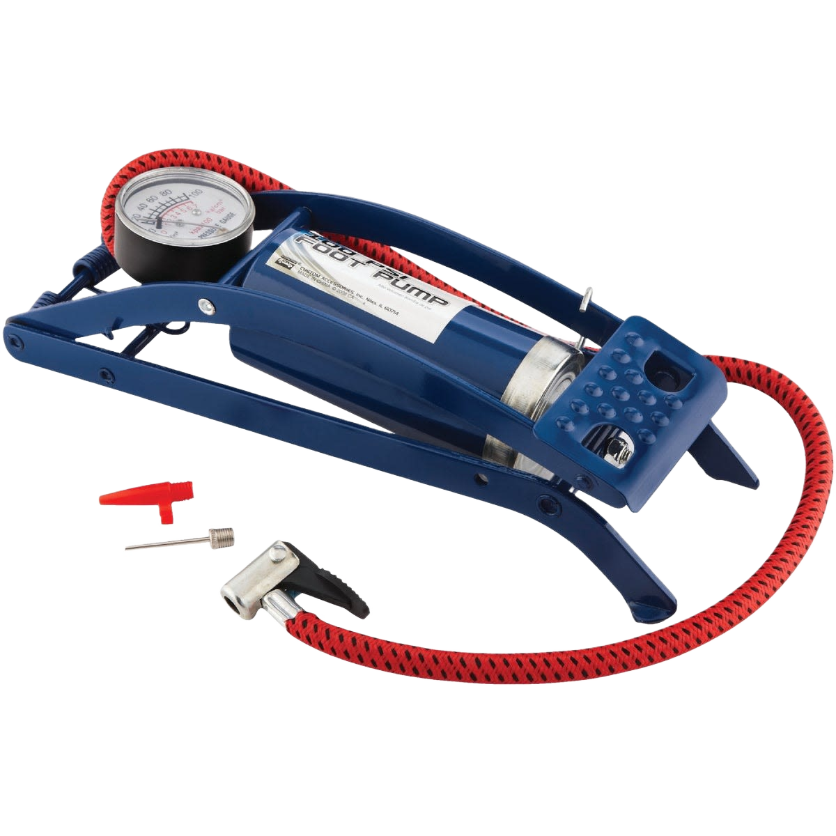 Blue foot pump with gauge and red hose for bicycles, sport balls, and toys in accessories and under $50 collections