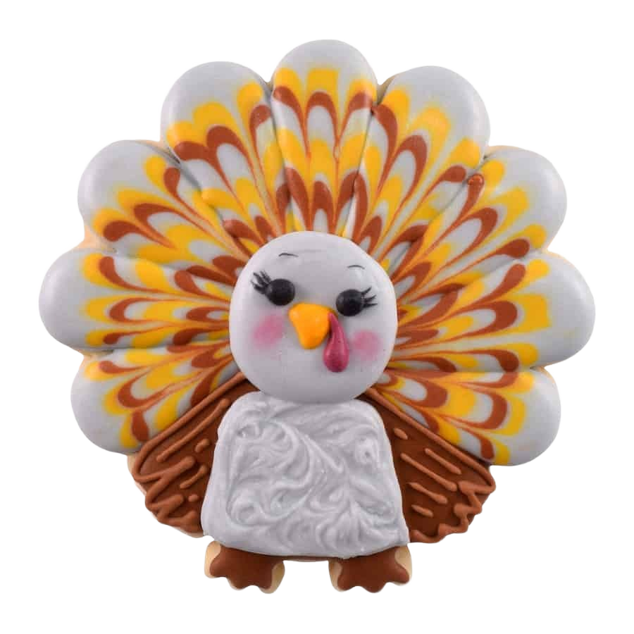 Decorative polymer clay turkey figurine with colorful feather fan in yellow, orange, and brown tones