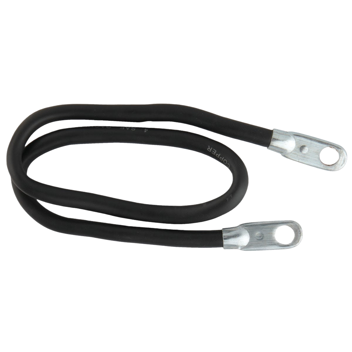 Black insulated 4 gauge battery cable with metal lug connectors for switch-to-start applications in tools and home improvement
