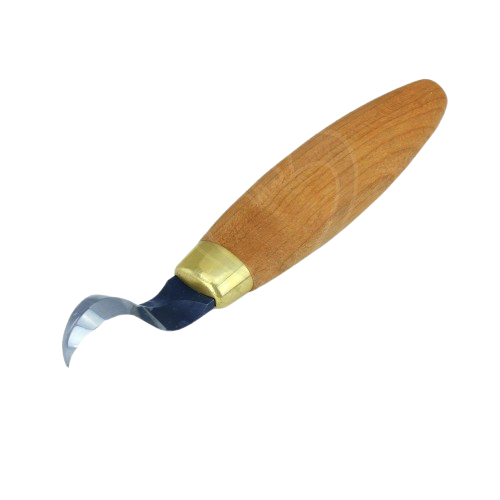 Woodworking tool with curved spear point blade and wooden handle for precision carving in home improvement tasks