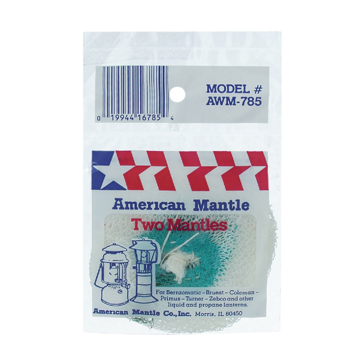 Package containing two soft tie lantern mantles designed for use with various liquid and propane lanterns