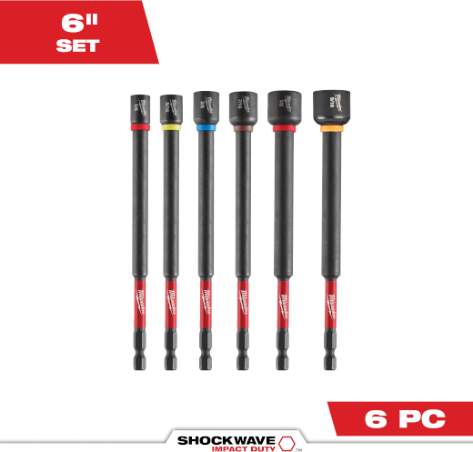 Six-piece set of 6-inch magnetic nut drivers with color-coded shafts for power tool accessories and home improvement tasks
