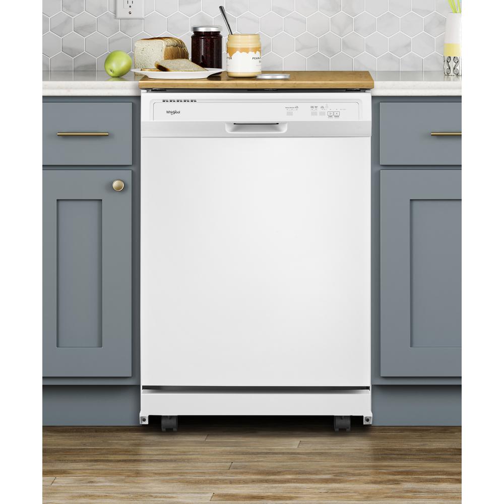 White freestanding heavy-duty dishwasher with control panel in modern kitchen with blue cabinetry for home improvement