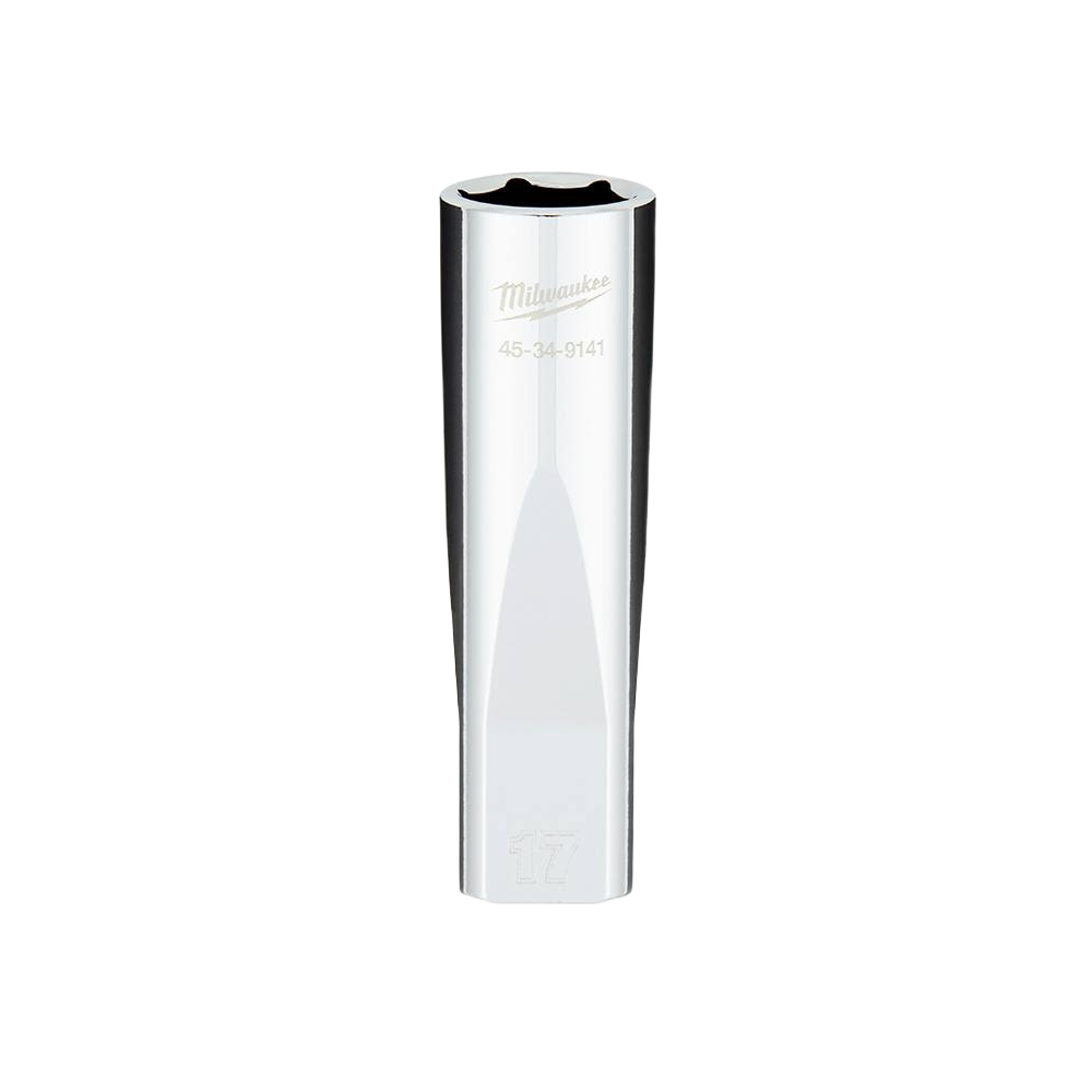 Polished deep socket with 17mm size and four flat sides, designed for use with half-inch drive tools in home improvement tasks