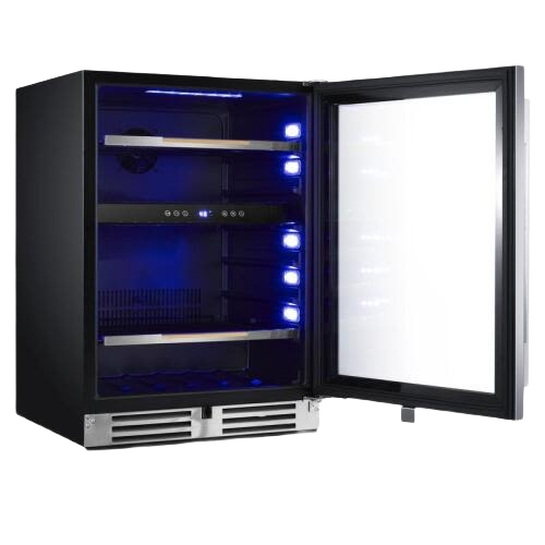 Black 5.4 cu ft beverage center with stainless steel frame, blue interior LED lights, and temperature controls from Appliances collection