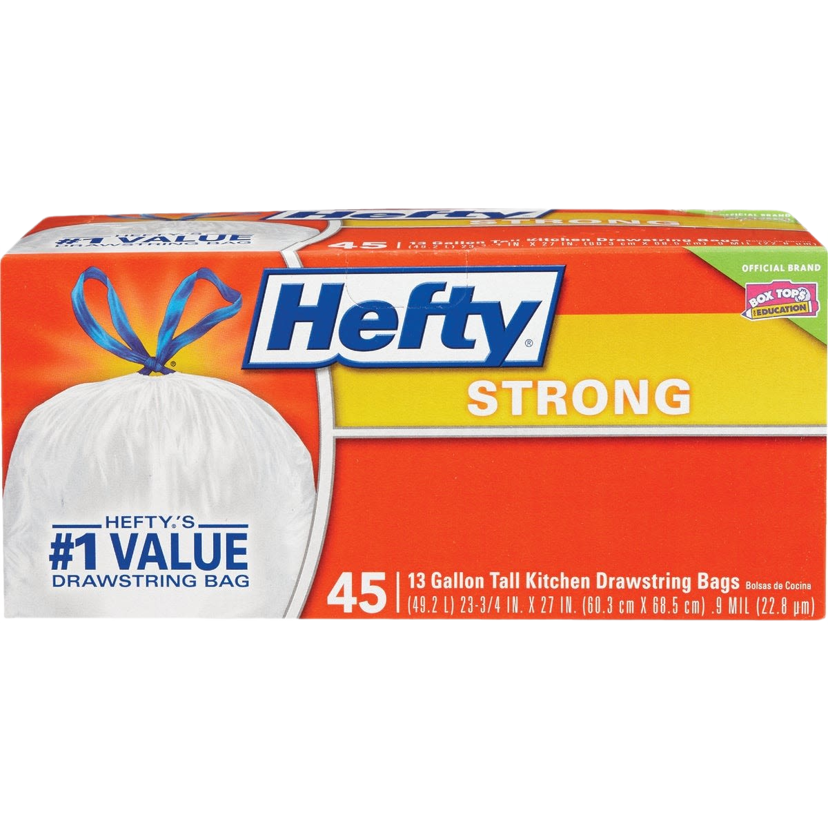 Box of Hefty 13 gallon tall kitchen white drawstring trash bags with 45 count for home and kitchen use