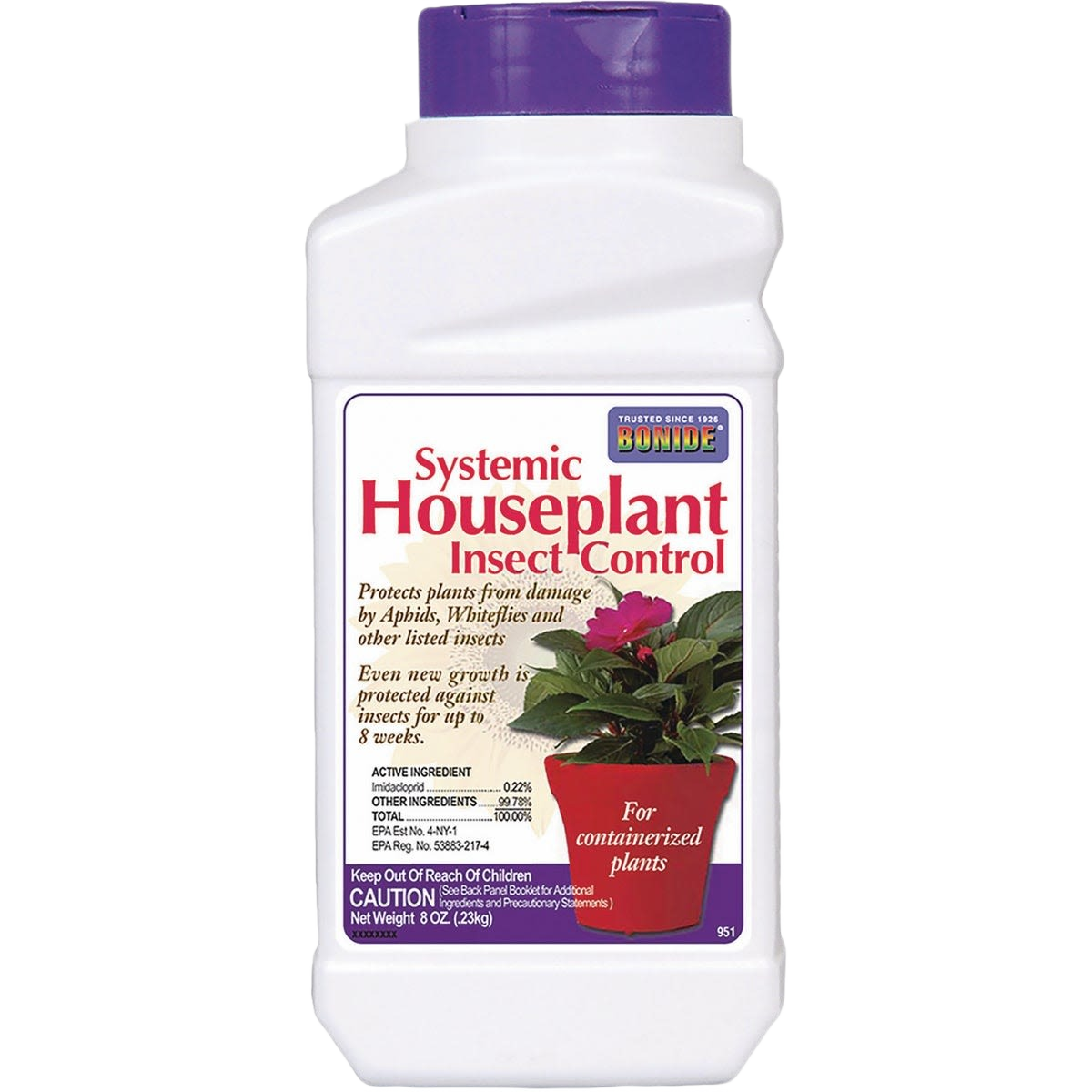 Container of Bonide systemic granules for long-lasting insect control on houseplants in plant and garden pest care collections