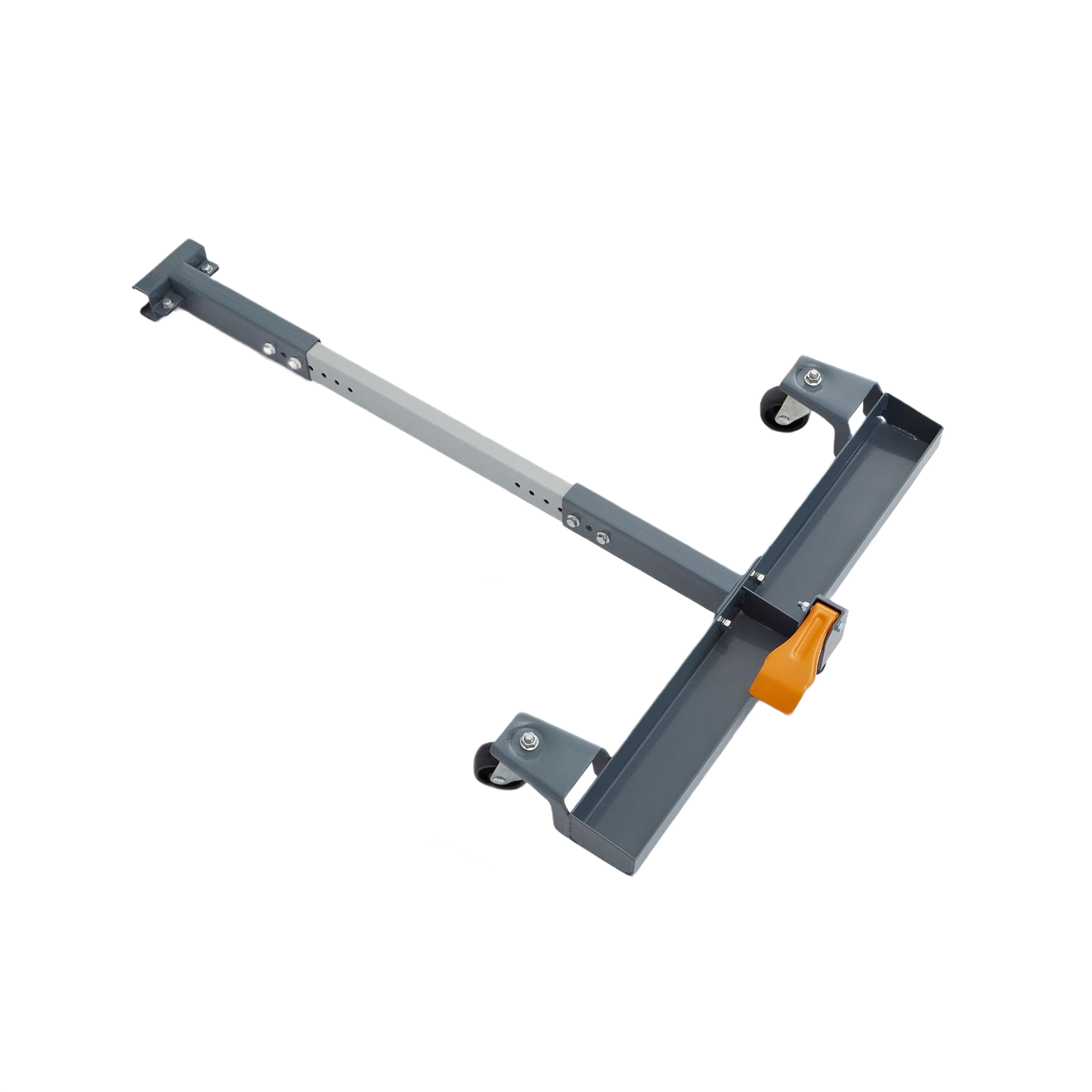 Gray adjustable metal support extension with an orange locking lever for tool mobility and workspace organization