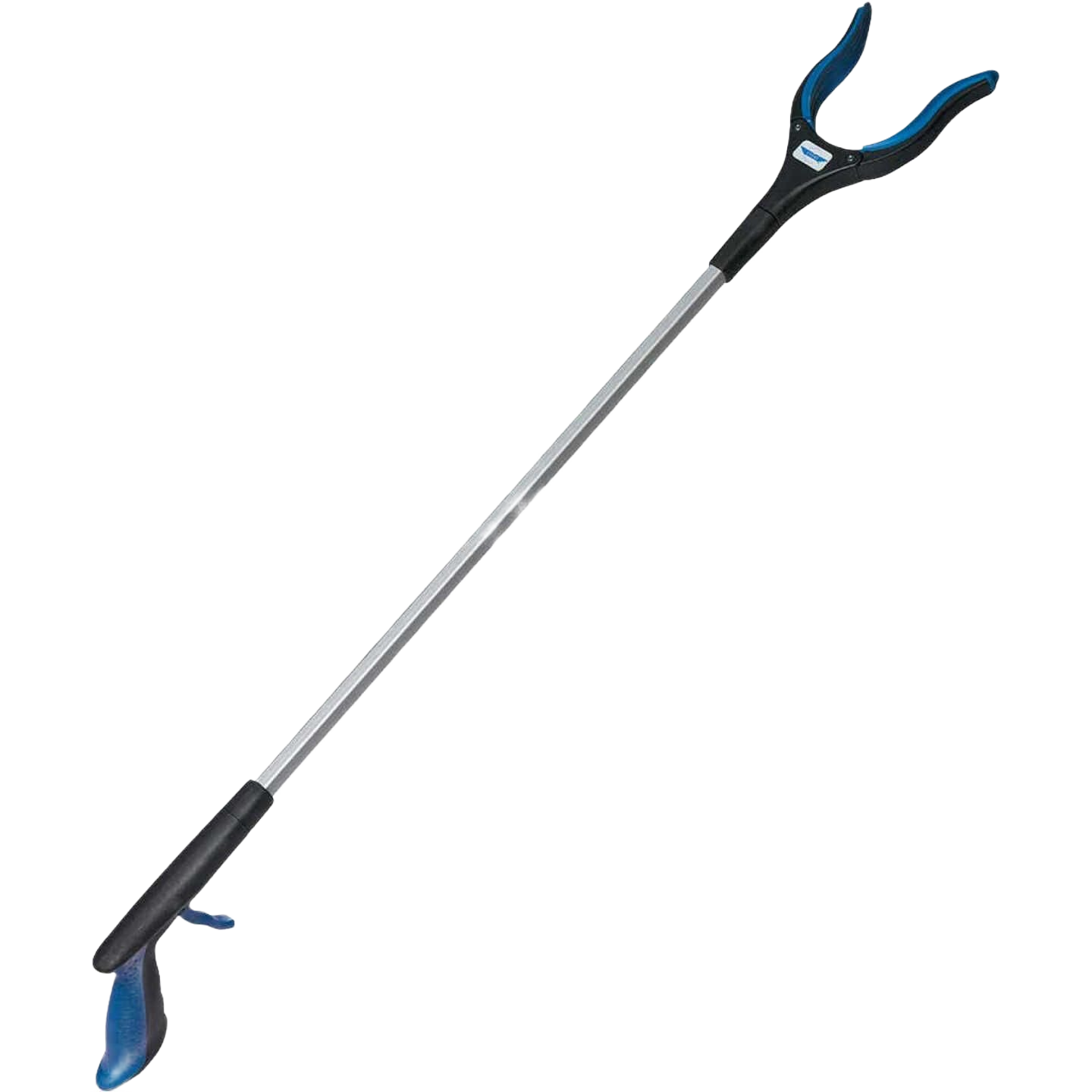Lightweight metal grabber tool with ergonomic blue and black handles for cleaning and outdoor home improvement tasks
