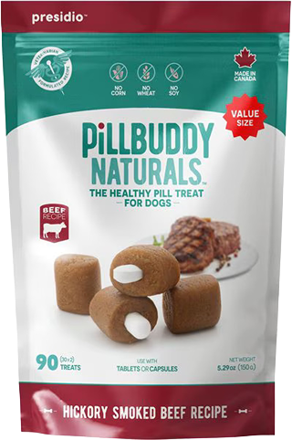 Package of 90 soft, chewy beef-flavored pill treats for dogs, suitable for tablets or capsules feeding convenience