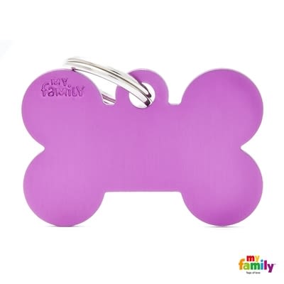 Large purple bone-shaped pet ID tag with metal ring for attaching to collars in tools and home improvement use