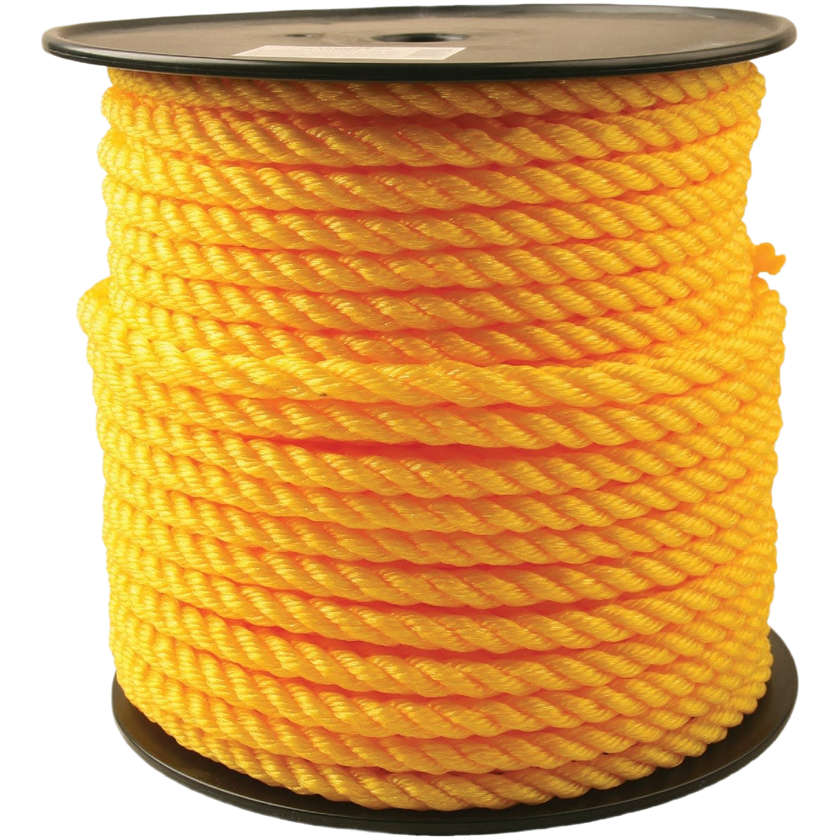 Spool of bright yellow twisted polypropylene rope for durable use in tools and home improvement projects