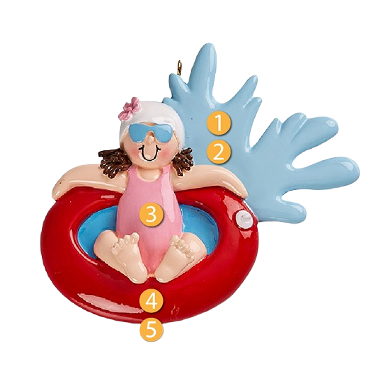 Female figure with sunglasses and flower swim cap in pink swimsuit floating on red tube with blue water splash Christmas ornament
