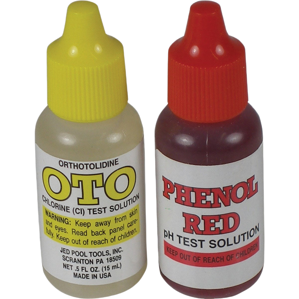 Two small bottles of pool test solutions with yellow and red caps for chlorine and pH testing in tools and home improvement tasks