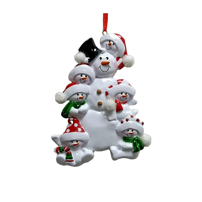 Personalized snowman family ornament with six characters in festive hats and scarves for Christmas decorations under $50 collections