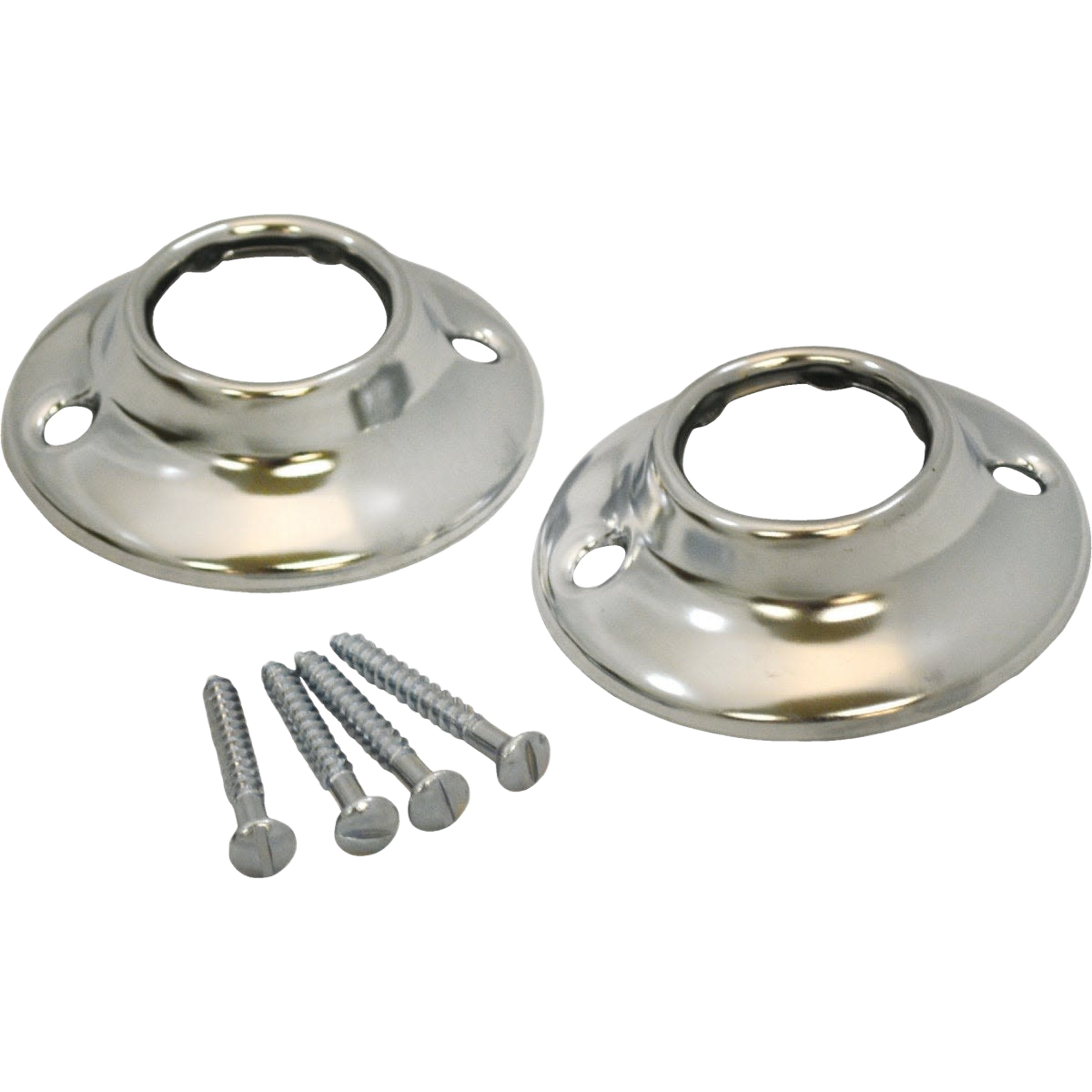 Pair of chrome shower rod flanges with mounting screws for secure installation in home improvement projects