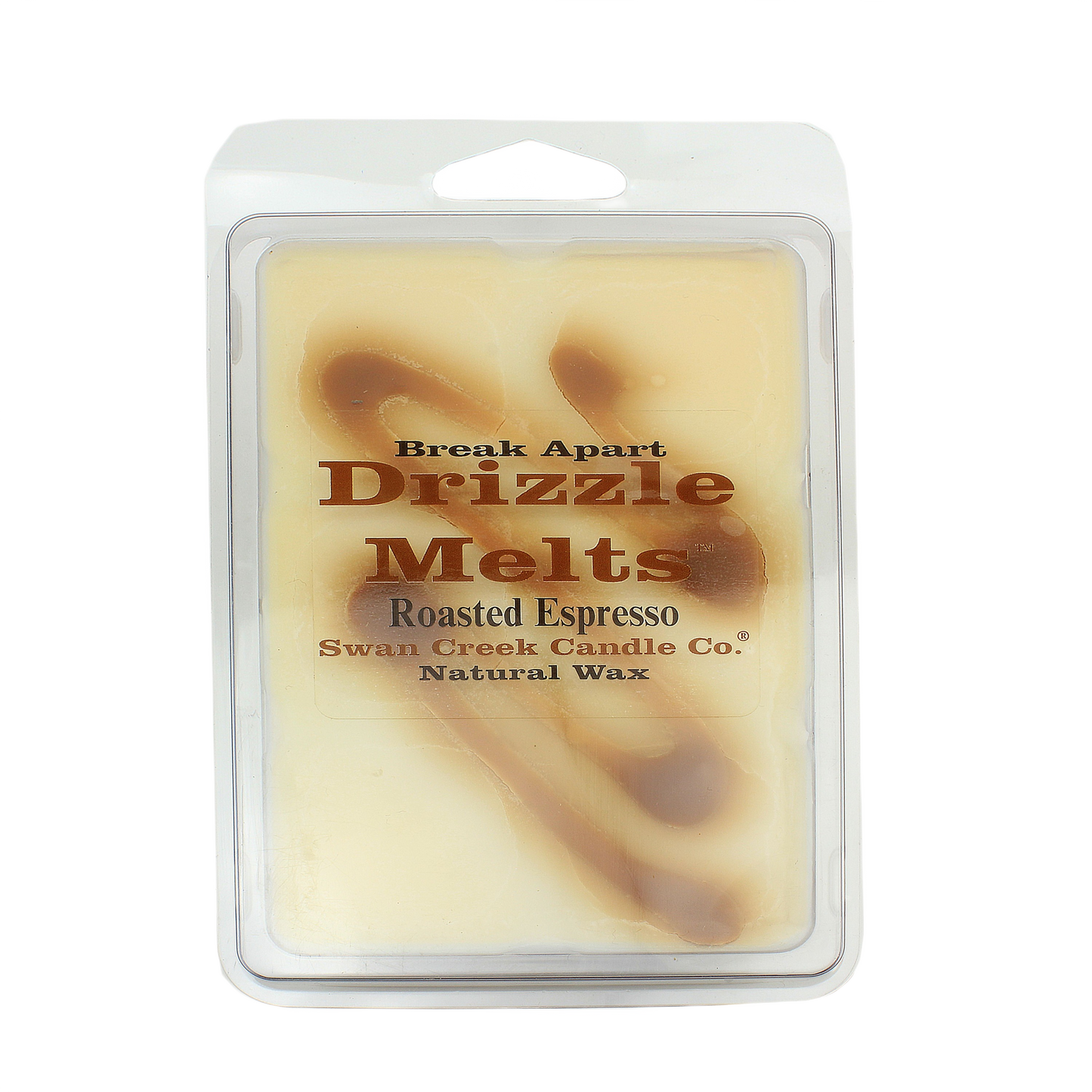Break apart natural wax melts with roasted espresso scent in a clear clamshell package for home fragrance use