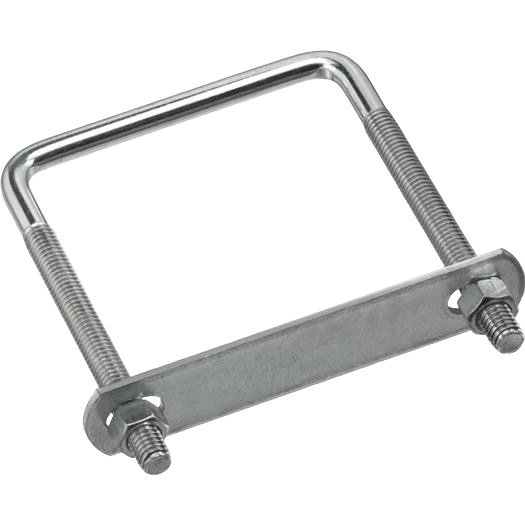Zinc-plated square U bolt with nuts and plate for fastening rectangular wood or metal in hardware and fasteners.