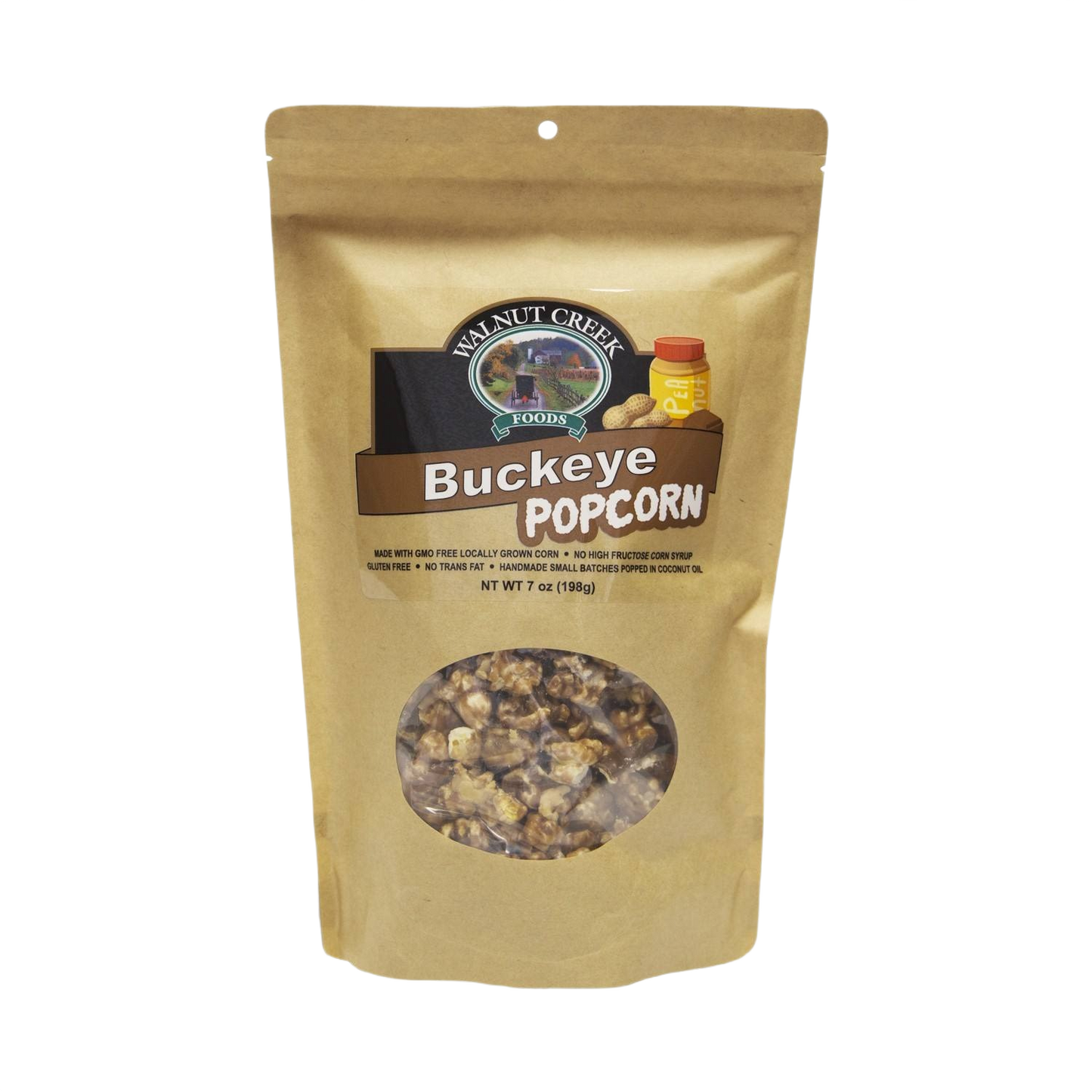 7 oz bag of gluten-free Buckeye flavored popcorn in resealable kraft paper pouch from Chips & Snacks collection