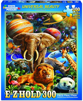 Colorful animal collage puzzle box featuring elephant, lion, giraffe, panda, and planets with 300 large pieces