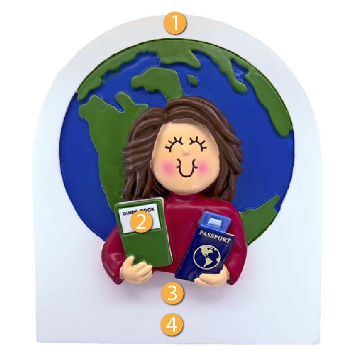 Smiling brunette female traveler holding guidebook and passport with Earth globe backdrop from Christmas Ornaments collection
