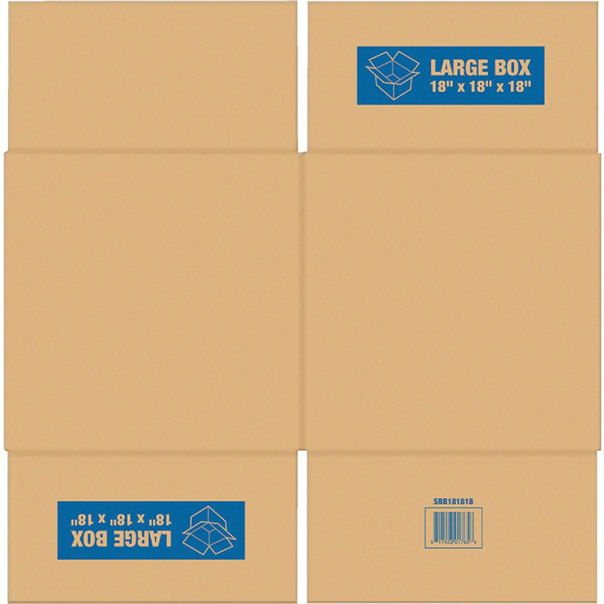 Flat cardboard die-cut for large moving box measuring 18 by 18 by 18 inches in storage and home improvement supplies