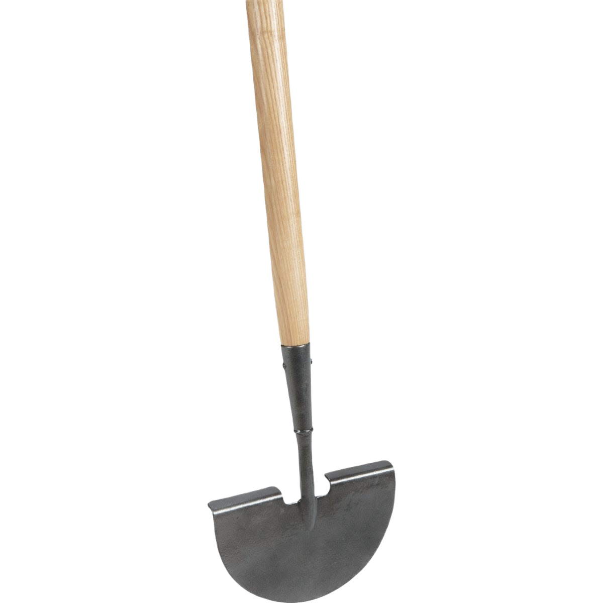 Manual lawn edger with a wooden handle and half-moon steel blade for precise lawn and garden edging tasks