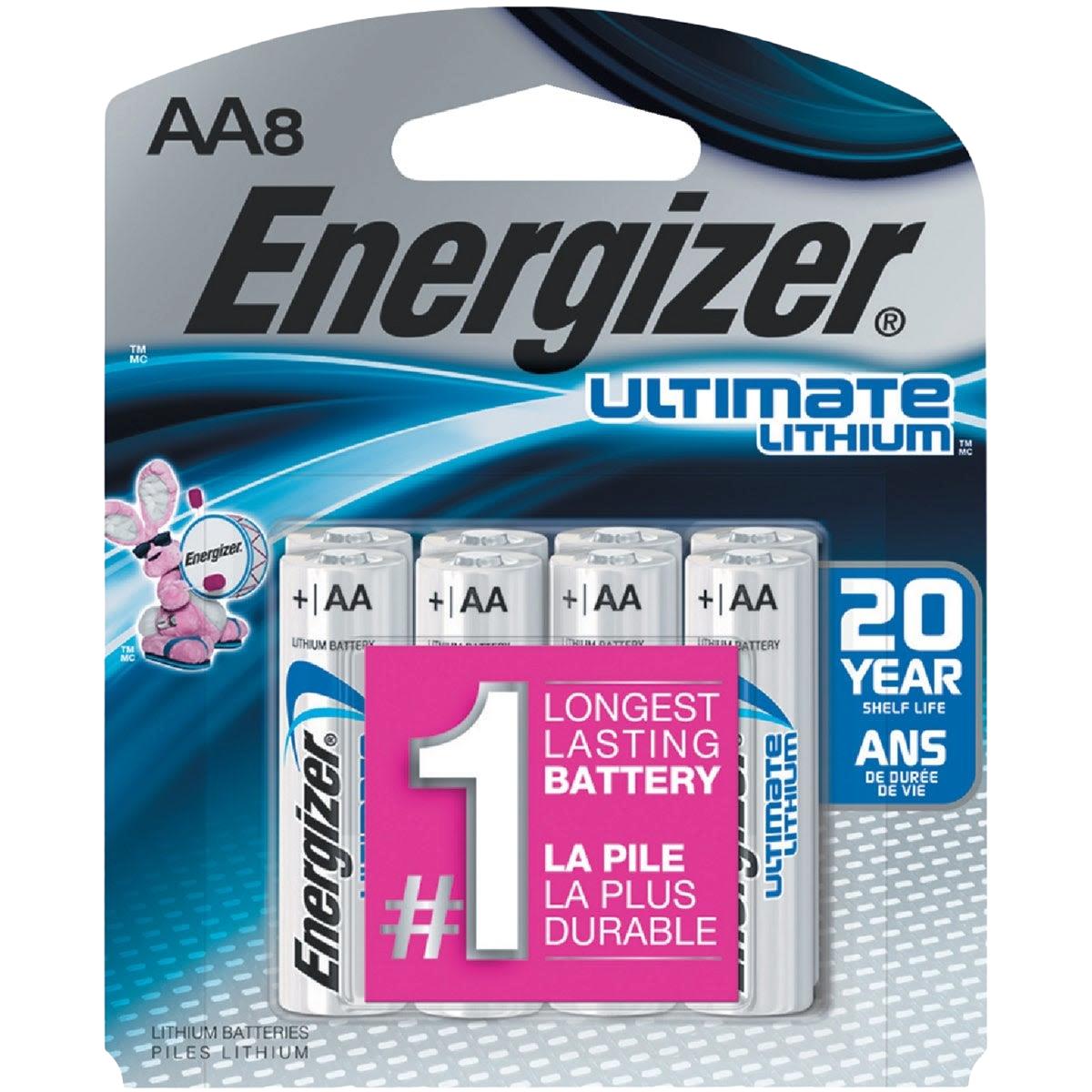 Package of eight Energizer AA ultimate lithium batteries with blue and silver design for household and electrical use