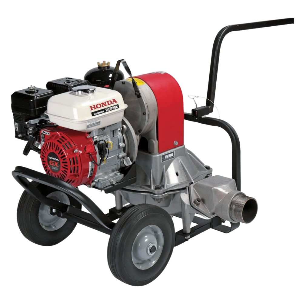 Portable engine-powered water pump with metal frame and wheels for construction and home improvement tasks