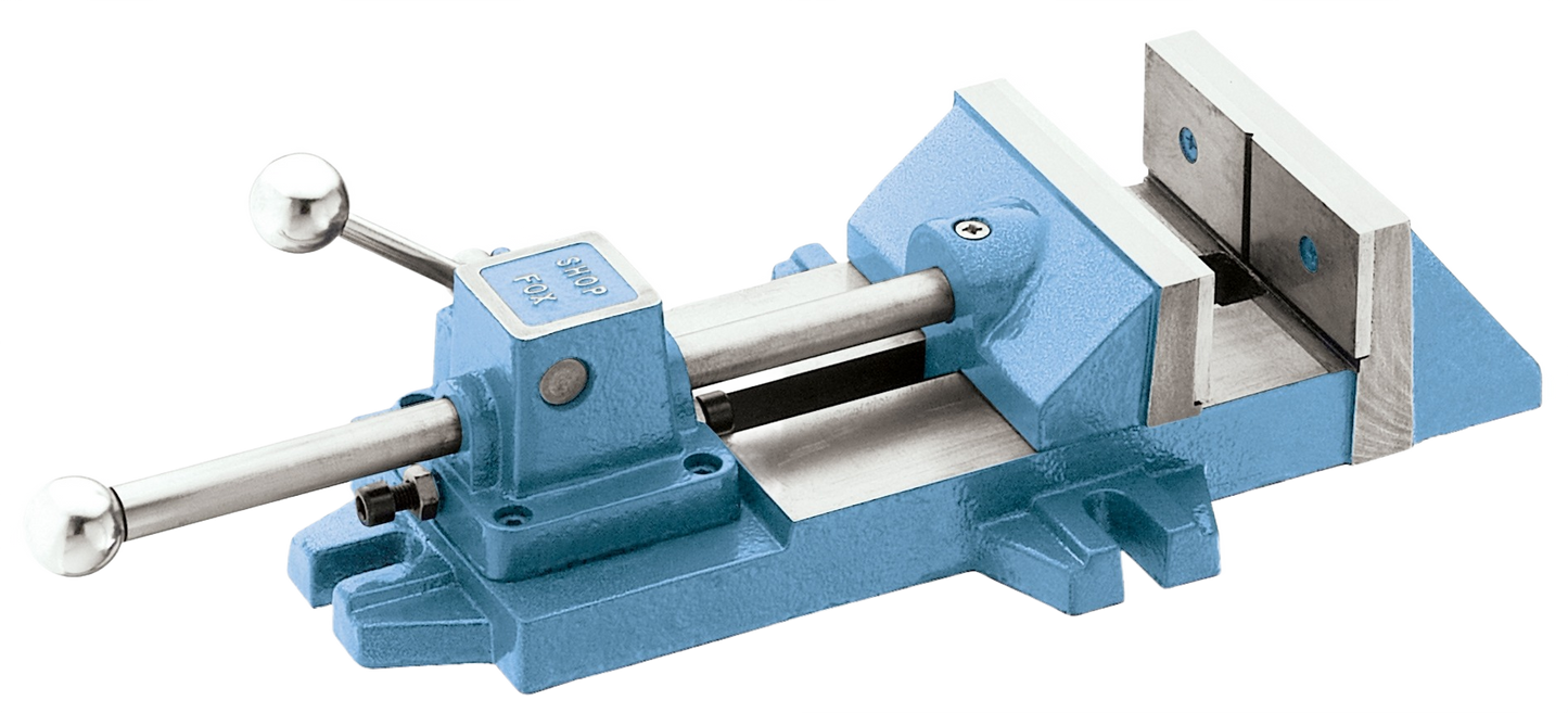 Blue and silver quick release vise with smooth steel jaws and dual handles for tools and home improvement projects