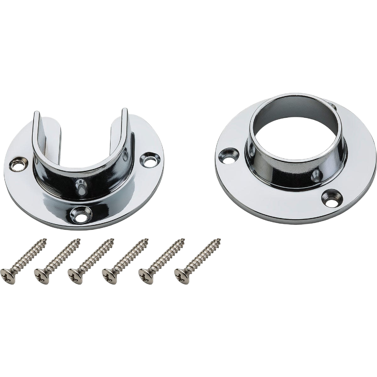 Chrome zinc closet rod sockets with mounting screws for closet organization and storage hardware under $50
