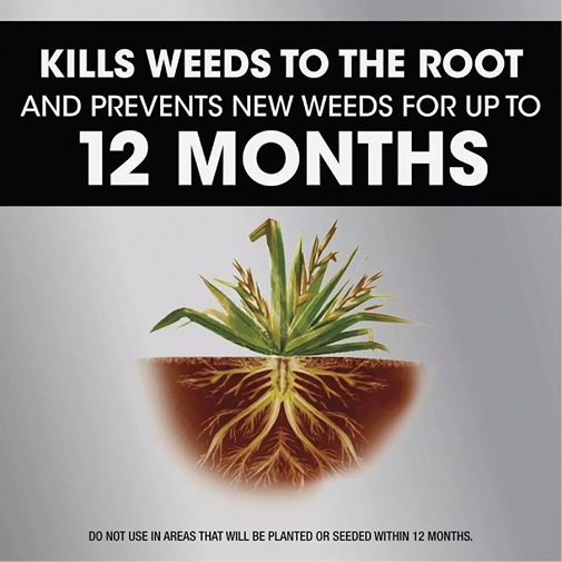 Graphic showing weed roots being eliminated with protection lasting up to 12 months for lawn care treatment safety