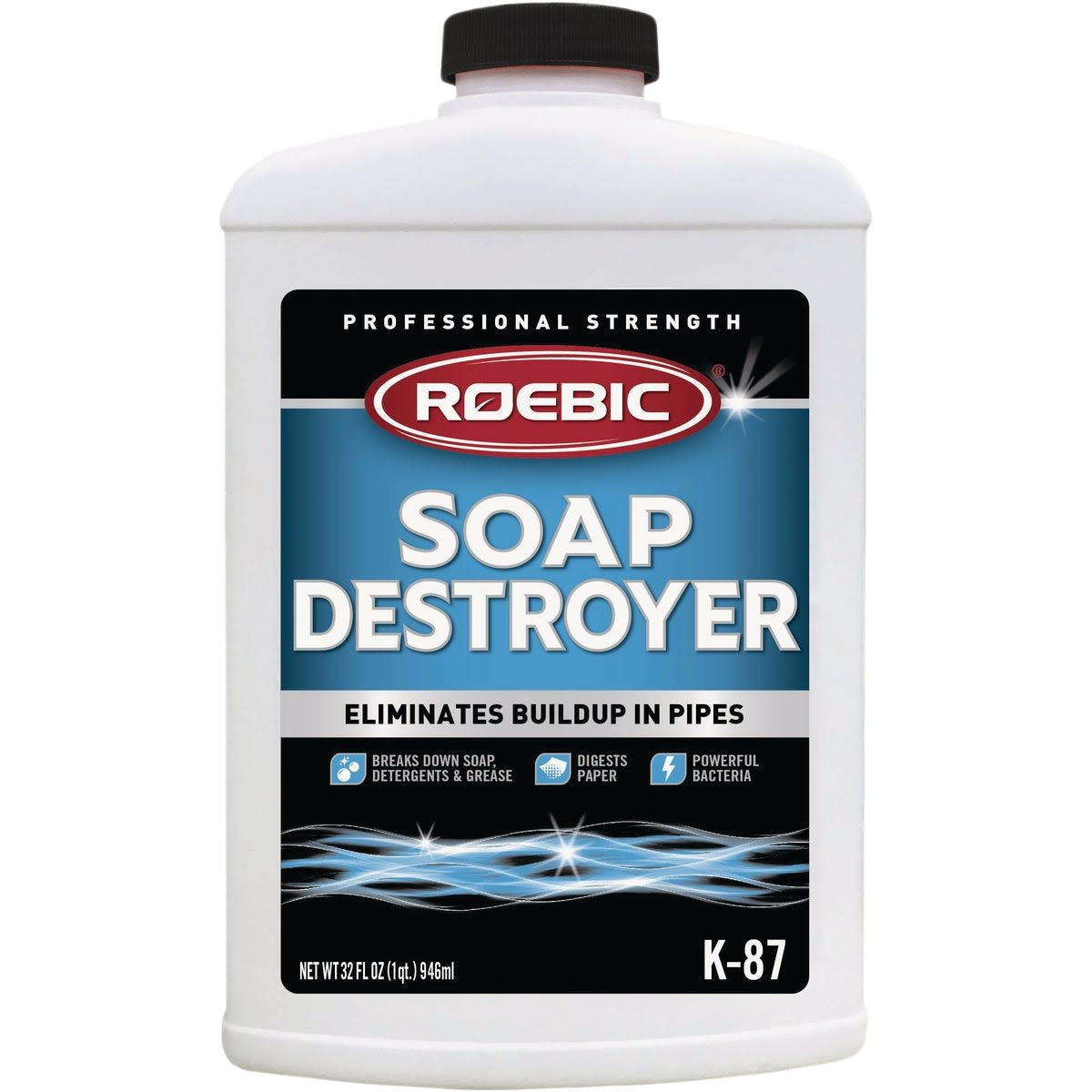 Bottle of Roebic soap destroyer with professional strength formula for breaking down soap, grease, and paper buildup in pipes