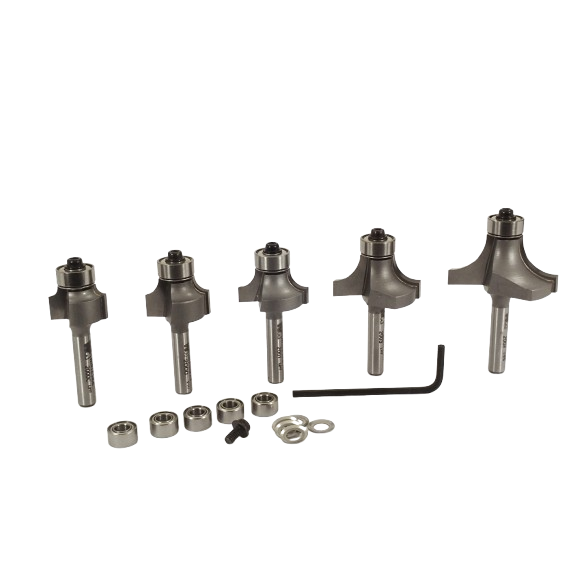 Set of five carbide-tipped roundover and beading router bits with bearing guides and hex wrench in tool accessories collection