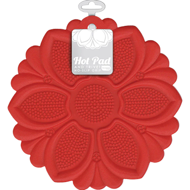 Red silicone flower-shaped trivet with non-slip grip for heat protection in kitchenware under $50 collection