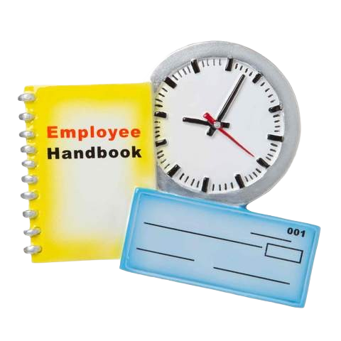 Yellow employee handbook with gray clock and blank blue paycheck ornament in Christmas Ornaments & Tree Decorations collection