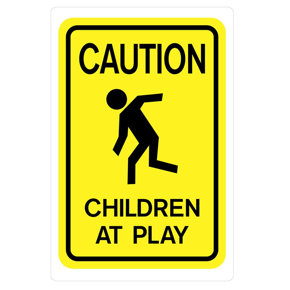 Yellow caution sign with black graphic and text warning of children at play, durable plastic for home improvement use