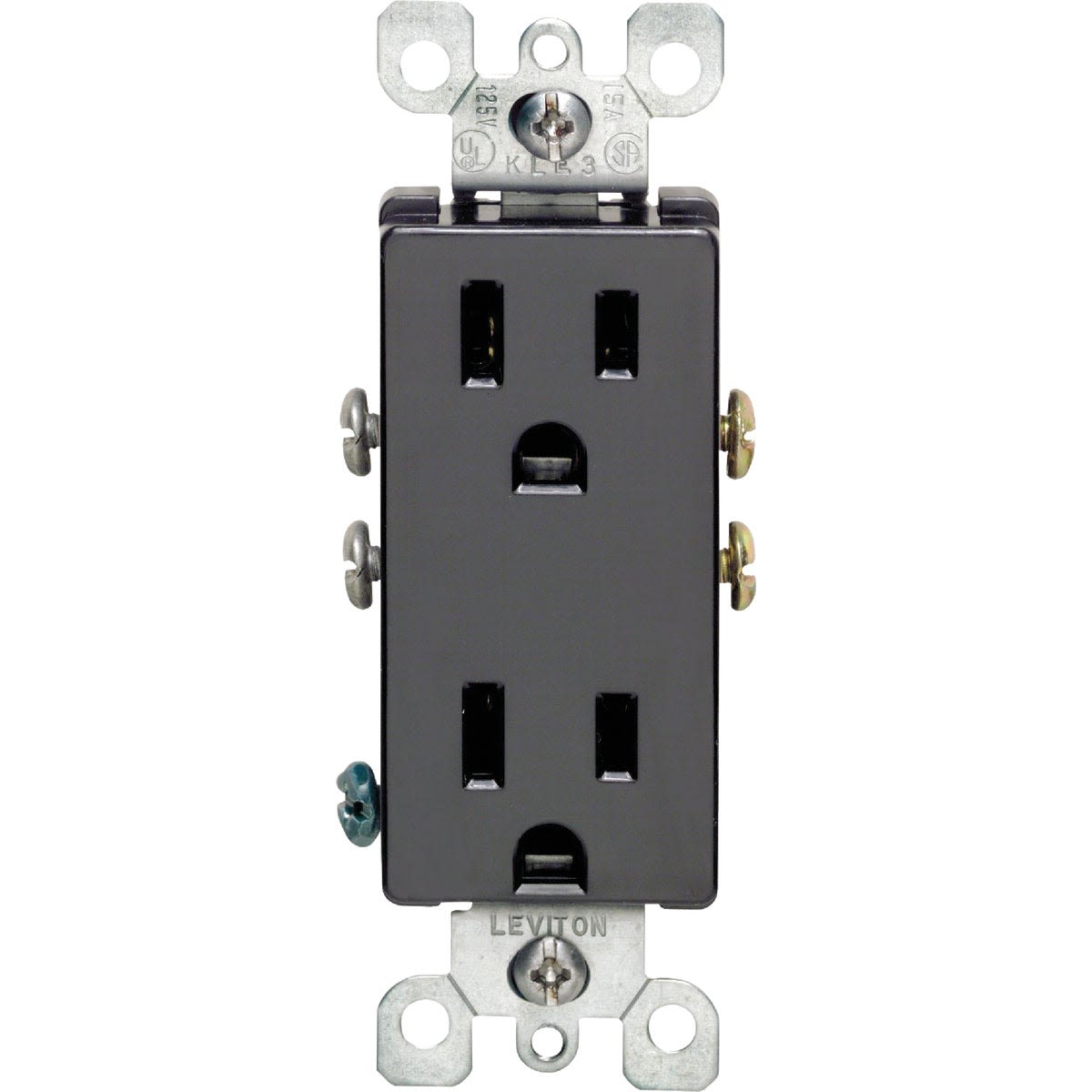 Black Decora-style residential-grade duplex outlet with metal mounting bracket for electrical boxes and home improvement projects