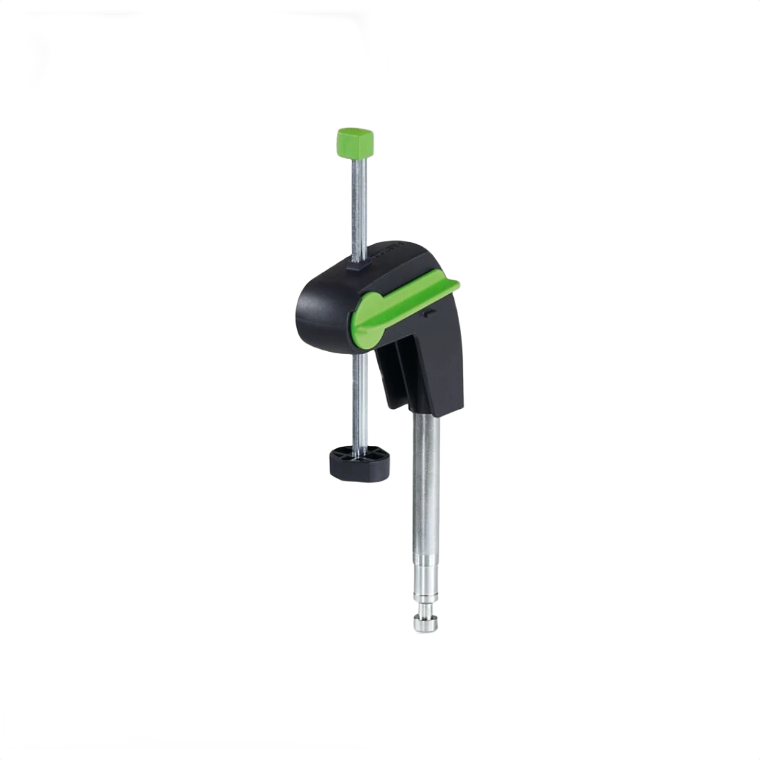 Hold down clamp with black and green cam lever for fastening material on Festool Kapex saw decks in tool accessories collection