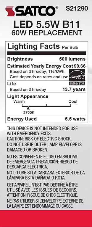 Satco clear B11 LED bulb with warm white 2700K color, medium base, energy efficient for lighting and electrical use