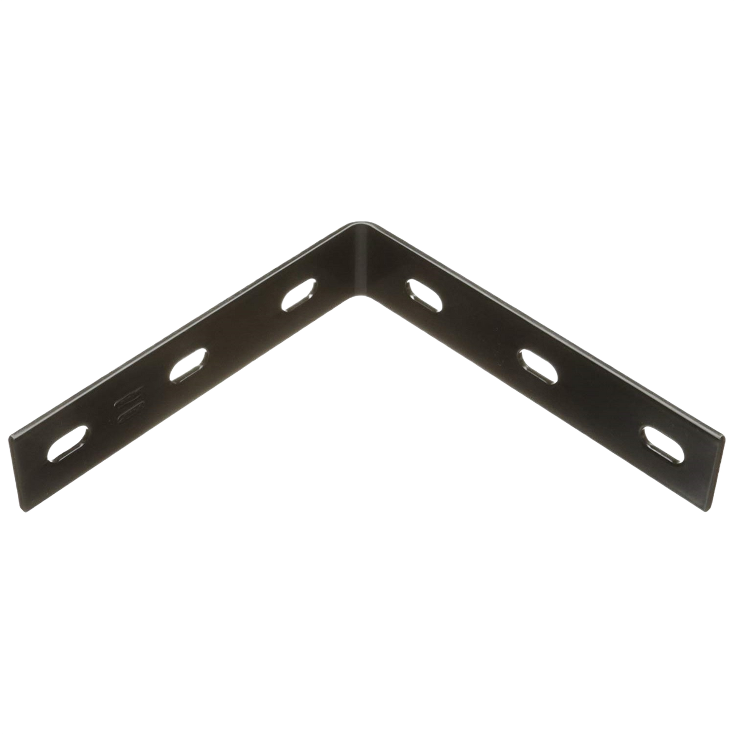 Black metal heavy-duty corner brace with slotted holes for securing inside or outside 90-degree angles in building hardware