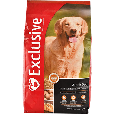 15-pound bag of adult dry dog food with chicken and brown rice formula featuring a golden retriever on packaging