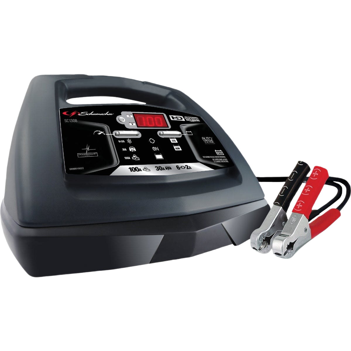 Compact black and gray automatic 12V starter and battery charger with clamps, part of automotive tools and battery chargers collection