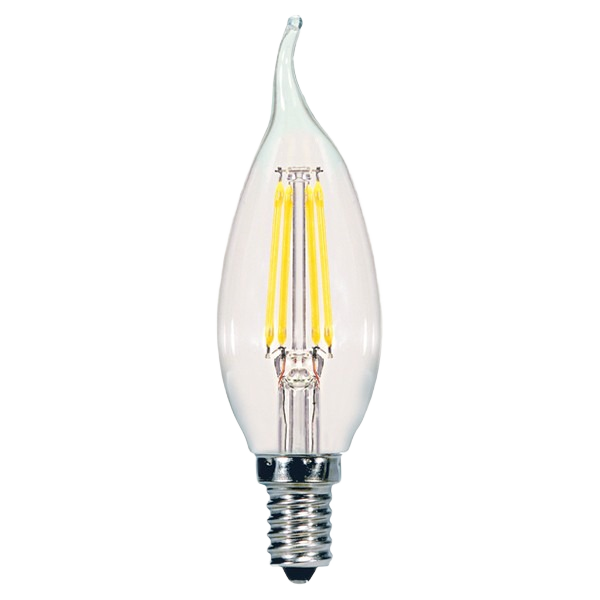 Clear flame-shaped LED light bulb with candelabra base for decorative lighting and home improvement tools